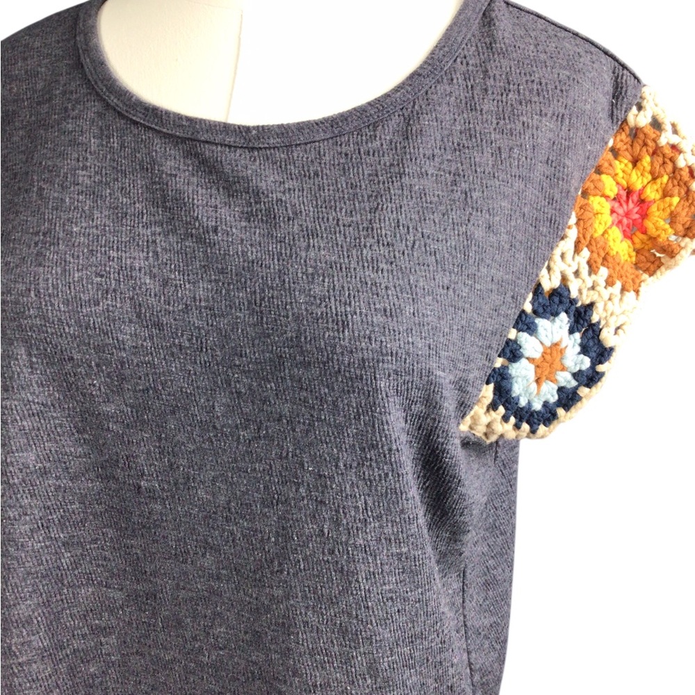 THML Gray Top with Colorful Crochet Sleeve Granny Square Medium